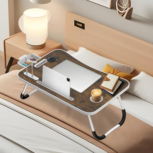 Ferghana Table de Lit Pliable avec Porte - Plateau Multifonctionnel Léger 60x40x28cm, pour Ordinateur Portable,Lit,Canapé (Emplacement pour carte + porte-gobelet + tiroir + lampe + ventilateur,Marron)