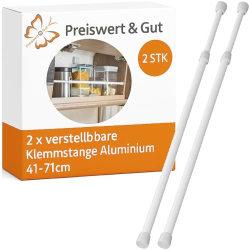 Preiswert&Gut 2 x Teleskopstange zum Klemmen aus Aluminium – Schrank Organizer für Wohnwagen, Camping & Zuhause – Spannstange ausziehbar 41–71 cm, mit Gummikappen für sicheren Halt