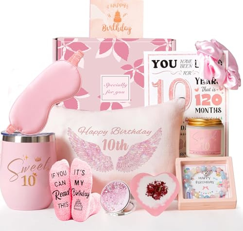 10 -pcck 10th Birthday Gift Basket for Girls – Happy 10th Pamper Gift Set for Daughter, Niece, Granddaughter, Sister, Best Friend, Teens – Unique and Cute Birthday Hampers for Her (10th-16th ) (10th)