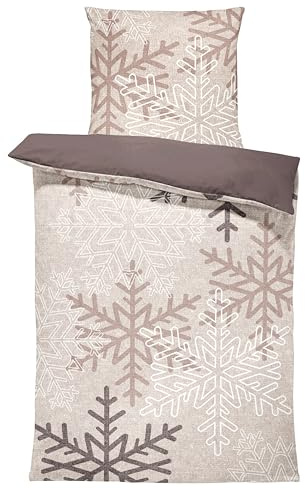 one-home Biber Bettwäsche 155x220 cm Schneeflocken Kristalle beige Winter Warm Baumwolle