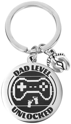 Mikovivi Schlüsselanhänger mit Freigeschalteter Papa-Stufe, Game-Controller-Design Geschenke für Werdende Väter mit Baby-Fußabdruck-Anhänger von der Ehefrau an den Ehemann