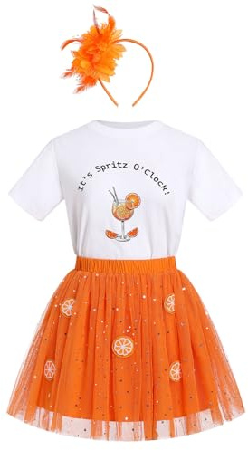 Odizli Damen It's Spritz O'clock Kurzarm Shirt + Orangen 3D Obst Tüllrock + Feder Haarreif Karneval Fasching Kostüm