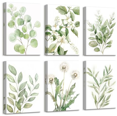 6 Pcs Wooden Framed Canvas Wall Art Set Light Green Eucalyptus Leaf Canvas Prints Botanical Plant Painting Poster Minimalist Floral Pictures for Living Room Bedroom Hallway Wall Decor 20x30 cm x6