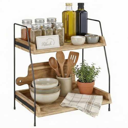 Ribech 2-stufiges Organizer-Regal aus Holz & Metall | Kaffee- und Küchenregal mit Arbeitsplatte | Für Kosmetik, Bad, Home-Bar | Einfacher Aufbau, Braun