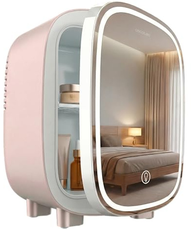 Cecotec Frigorifero Cosmetici 4L CoolingBeauty 4000 Mirror Rose.Con Specchio, Luce LED 3 Intensita, Raffreddamento fino 5°C, Maniglia Superiore, Basso Rumore, Ripiano Interno, Cosmetici Sempre Freschi