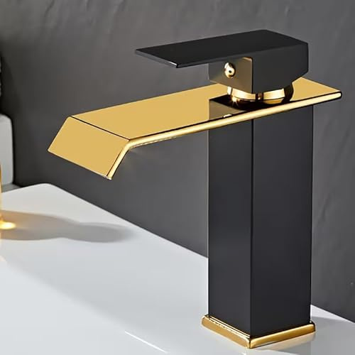Robinet de lavabo de salle de bain cascade de luxe, finition noire mate et or, robinet à montage unique trou, mitigeur de lavabo moderne en acier inoxydable 304 avec valve en céramique, bec cascade à