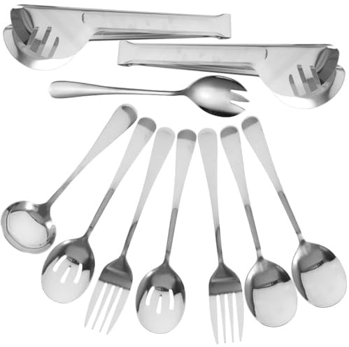 INOOMP Edelstahl Besteck Set 10-Teilig Servierbesteck Mit Löffeln Gabeln Und Zangen Für Buffet Catering Bankett Und Zuhause Küchenutensilien Für Vielseitigen Einsatz