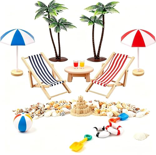 9 Stück Strand-Mikrolandschaft Mini-Stranddekorationen Miniatur Dekoration Mini Liegestuhl Deko Strandkorb Sonnenschirm Kleine Palme Deko Accessoires FüR Puppenhaus Schreibtisch Oder BüRo
