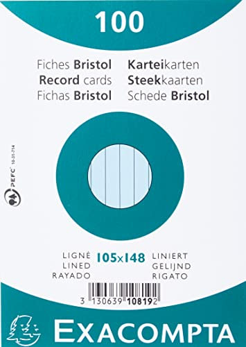 Exacompta 10819SE 100er Pack Karteikarten liniert DIN A6 in Folie eingeschweißt 10,5 x 14,5 cm ideal für die Schule und Universität zum Lernen blau