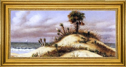 Art Oyster William Aiken Walker Florida Seascape with Sand Dune- Palm Tree- Yucca- Cactus and Sailboat - 15 x 30 Premium Canvas Print with Gold Frame