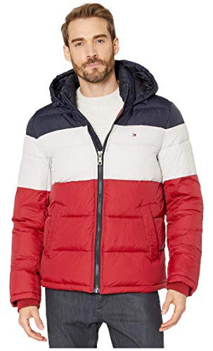 Tommy Hilfiger Men's Hooded Puffer Jacket, Midnight/White/Red, M