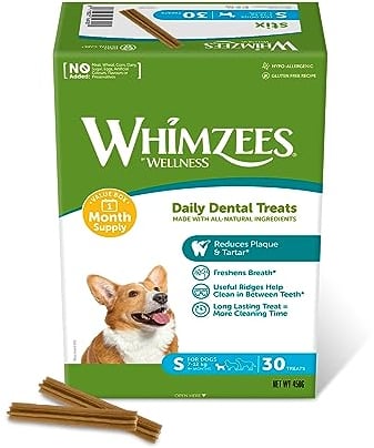 WHIMZEES Stix, Kaustangen für kleine Hunde zur Zahnpflege, Größe S, 30 Stück (Monatspackung), ohne Zuckerzusatz, getreidefrei, natürlich, fettarm