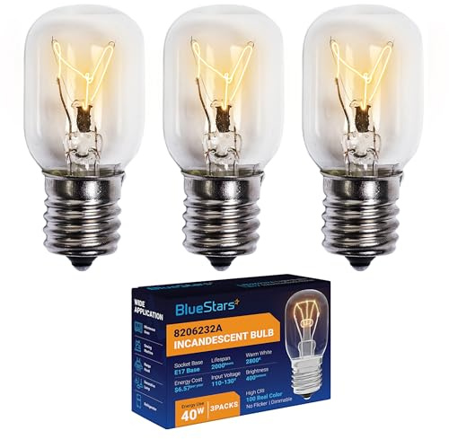 BlueStars 8206232A KEI 125V 40W Microwave Bulb E17 Base, Compatible with Whirlpool Microwave Light Bulb Under Hood, Lava Lamp, Salt Lamp Bulbs, Replaces 1890433 8206232 AP4512653, 3 Packs