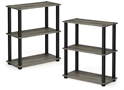 Furinno TURN-S-TUBE Standing Shelf Set of 2, 3-Tier Open Shelving Unit with Square Tubes, Toolless Storage Shelves, for Organization and Storage, Living Room, Bedroom, Home Office, French Oak