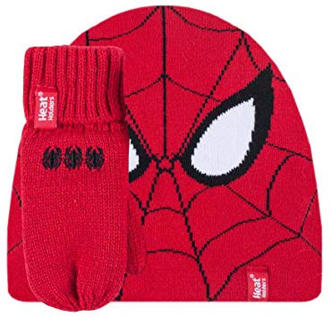 HEAT HOLDERS - Jungen Winter Thermo Fleece Mütze und Handschuhe/Fäustlinge (3-6 Jahre, Spiderman)