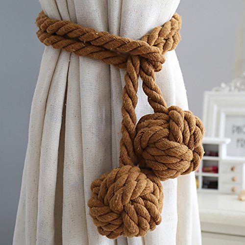 One Pair Of Cotton Rope Ball Curtain Tie Backs,Curtain Holdbacks (Brown) | Handmade Curtain Tiebacks, Tied Curtain Clip Tassel Tie Back Rope Tie Backs for Curtains
