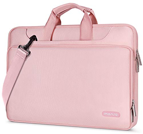MOSISO 360 Protective Laptop Bag 16 inch, 15-15.6 inch Laptop Shoulder Bag Compatible with MacBook Air 15 M4 M3 M2/Pro 16, HP, Dell, Lenovo, Asus, Matching Color Sleeve with Belt, Pink