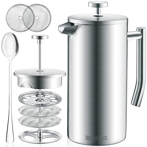 Belwares French Press Kaffeebereiter, 1,5 l, isolierte Kaffeepresse, Edelstahl, 304, groß, doppelwandig, 4-stufiges Filtersystem (1,5 Liter) – Silber