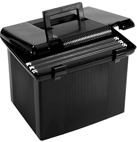 Pendaflex Portable File Box with File Rails, Hinged Lid with Double Latch Closure, Black, 3 Black Letter Size Hanging Folders Included (41742AMZ)