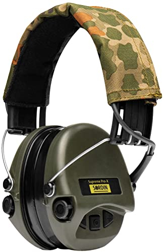 ACE Sordin Pro-X Aktiver Kapsel-Gehörschutz - EN 352 - mit German-Camo-Stoffband, Gelkissen & grünen Kapseln