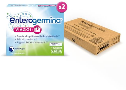 Enterogermina Viaggi, Vitamina b12, Vitamina d, Fermenti Lattici Probiotici, per Adulti - Integratori per Flora Intestinale in Viaggio, Stanchezza e Sistema Immunitario (24 Bustine Gusto Fragola)