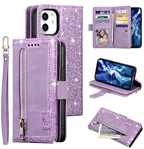 UEEBAI Wallet Case for iPhone 12 mini 5.4 inch, Retro 9 Card Holder Slots Zipper Pocket Handbag Case PU Leather Magnetic Closure Kickstand with Wrist Strap TPU Shockproof folio Case - Bling Purple