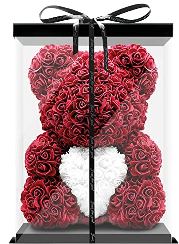 Birkental Rosen Bär - extra großer 40-45cm handgemachter Rosenbär mit Herz und Geschenkbox - Blumenbär als Geburtstagsgeschenk für Frauen, Freundin, Geburtstag, Rose Bear Teddybär (Dunkelrot)