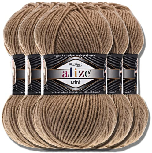 Alize 5 x 100g Superlana Midi Türkische Premium Wolle Baumwolle und Acryl Uni Handstrickgarne | Yarn | Garn | Strickgarn Einfarbig Baby zum Häkeln Stricken Kleidung Schals (Dark Beige | 466)