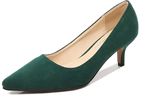 JOEupin Women's Low Kitten Heel Pumps Ponited Toe Heels Comfortable Wedding Dress Pumps Shoes, Green, 6 UK
