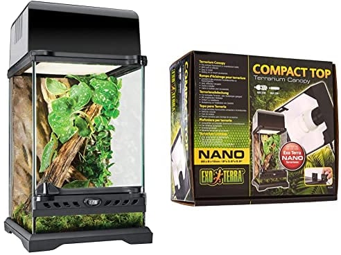 Exo Terra Terrarium aus Glas, mit einzigartiger Front Belüftung, 20 x 20 x 30cm & Compact Top, Terrarienabdeckung, Nano, für 1 Lampe, mit Reflektor, 20 x 9 x 15cm, Fassung E27, Schwarz