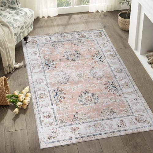 TOPICK Tapis de porte 90x150 cm, tapis persan rose, tapis vintage, tapis de cuisine, tapis de couloir, paillasson, imprimé floral, tapis d'intérieur fin, pliable, rétro, tapis d'entrée, salon, bureau
