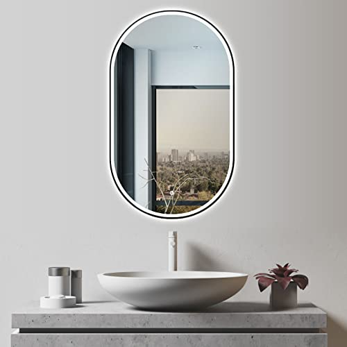 HOKO LED Design Bad Spiegel oval 45x75 cm / 75x45 cm Brescia+ Metall Rahmen Schwarz. HOCH+QUER Montage. Lichtspiegel, auch Schminkspiegel+Touch Schalter+Licht Wechsel-Warmweiß-Kaltweiß-Neutral