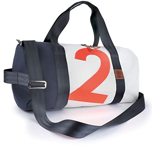 360° Grad Pirat Umhänge-Tasche Segeltuch weiß-blau, Zahl orange