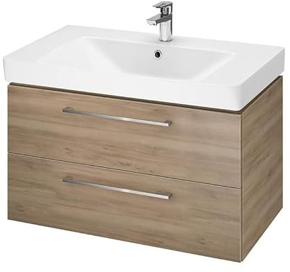 BAD LAND Waschbeckenunterschrank Lara Mille 80cm Nussbaum Badmöbel Badezimmerschrank Keramikwaschbecken 2-Schubladen