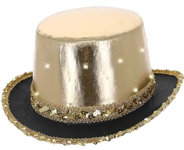 Smiffys LED-beleuchteter metallischer Zylinderhut, Gold, Elastischer Innenrand und Pailletten-Rand Halloween