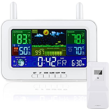 AOZBZ Drahtlose Wetterstation mit Außensensor, Innen- und Außenthermometer mit Zeit, Digital Thermometer, Temperatur, Luftfeuchtigkeit, Barometer, Wecker