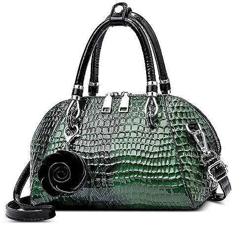 FORRICA Handtasche Damen Krokodilmuster Umhängetasche PU Leder Frauen Schultertaschen mit Blume Anhänger Elegant Henkeltaschen für Verabredungen Bankett Shopper Grün