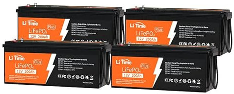 LiTime Batterie 12V 200Ah Plus Lithium LiFePO4 (4 PCS) avec BMS 200A, 4000+Cycles Profonds, Puissance de Sortie maximale de 2560W, Parfait pour RV, Solaire, Marine, Hors réseau