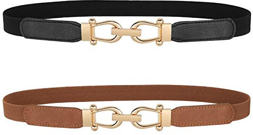 WERFORU 2 Stück Frauen Dünner elastischer Gürtel für Kleider,Dünne Retro Stretch Taille Gürtel mit goldener Schnalle