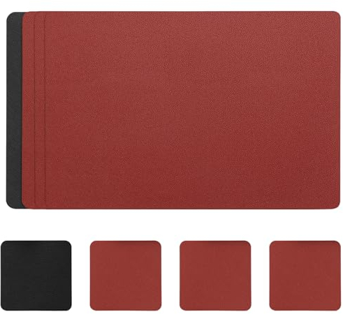 Myir JUN Leather Table Mats and Coasters, Dual-Sided Leather Placemats and Coasters Waterproof Placemats Set of 4 Place Mats Non-Slip Washable Table Mats (Red Black, Set of 4)