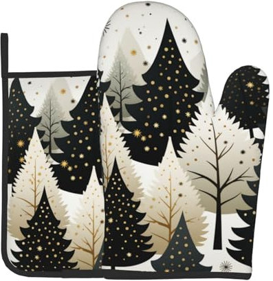 Set di guanti da forno e presine a tema albero di Natale nero resistente al calore, ideale per cuocere, cucinare e barbecue