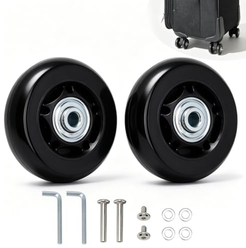 Tissting 2 Stück Kofferrollen Ersatz, 64 x 24 mm PU Gummi Schwarz - Universelle Ersatzräder für Trolley und Reisekoffer, Langlebig und Geräuschlos