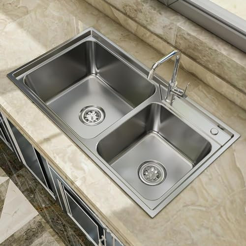 Kitchen Sink 30.7x17Drop in Stainless Sink, 60/40 Undermount Double Bowls Kitchen Sink,16 Gauge 304 Stainless Steel Top Mount Kitchen Sink Basin with Basket Strainer, Water Pipe