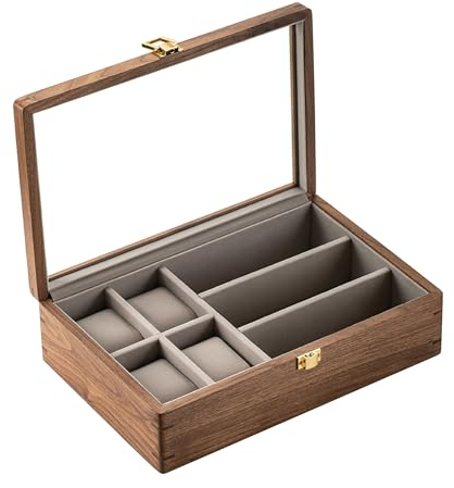 muso wood holz Uhrenbox mit 4+3 Fächern - Uhrenkasten Brillenhalter aus luxuriös massives nordamerikanisches Walnussholz, Uhrenaufbewahrung mit Glasfenster Brillenaufbewahrung 30.6 * 20.5 * 8.5cm