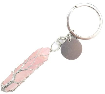 Cristal Naturel Rose Cristal Vert Dongling Porte-Clés, Pierre Précieuse Hexagonale Prisme Pendentif Voiture Porte-Clés Pour Femmes Filles Sac Décor, Porte-Clés, Porte-Clés,Quartz Rose,50 Mm