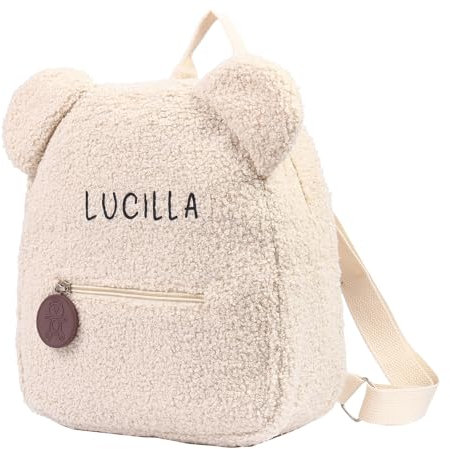 lorajewel Personalisierte Kinderrucksack mit Namen Kleinkind Schultasche Plüsch Bär Rucksack für Jungen Mädchen (khaki)
