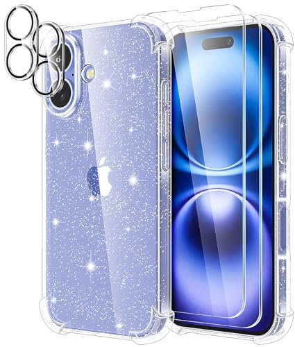 YIRSUR Glitter Case Compatible with iPhone 16 Plus with 2 Screen Protector and 2 Camera Lens Protector, Glitter Air Cushion Soft TPU Bumper Anti-Scratch Shockproof Bling Sparkle for iPhone 16 Plus