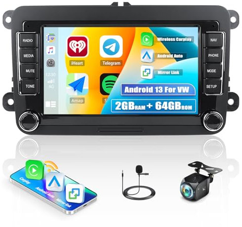 Android Car Stereo for VW Polo Caddy Golf Tiguan T5 Scirocco Skoda Octavia Fabia Seat Leon with CarPlay Android Auto, 7“ Touch Screen Car Radio with GPS WiFi Bluetooth FM Mirror Link + HD Rear Camera