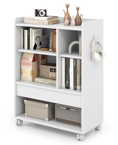 COSTWAY Sofa Side Table, Mobile Bedside Table Storage Cabinet with Drawer, Adjustable Shelves, Open Compartments and Hooks, Wooden Snack End Table on Wheels for Living Room Bedroom (White)