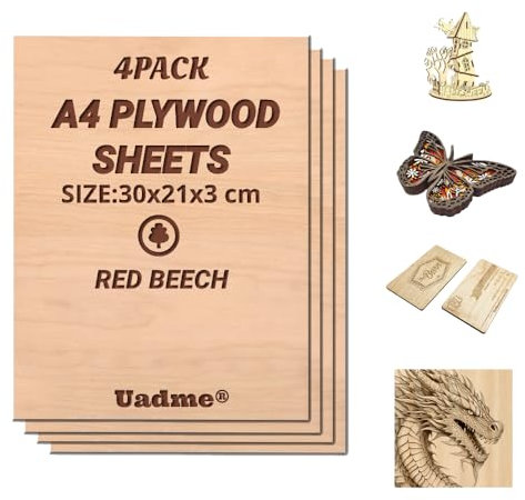 Uadme Madera Contrachapada 3mm, 4 Piezas Tablero de Madera a Medida A4 30x21cm, Laser Engraving Blanks, para Bricolaje, Pirograbado Corte por Laser CNC Router Modelado (Haya Roja)